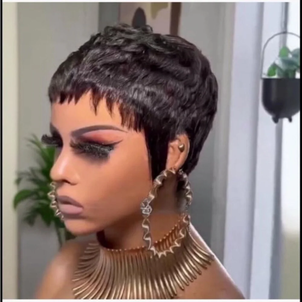 Short Glueless Pixie Cut Human Hair Wig with Bangs Lightweight Breathable Wear